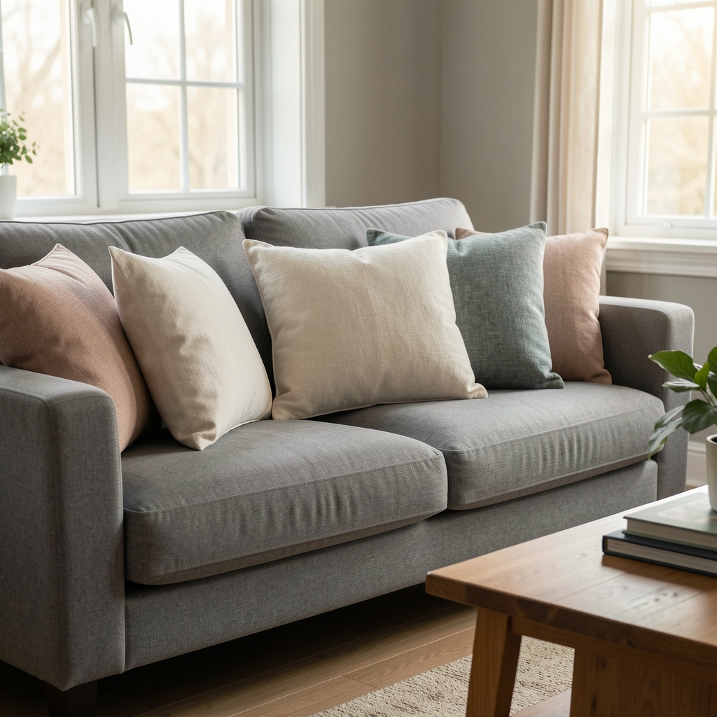 Composición de almohadones decorativos de algodón y pana sobre sofá gris en sala tranquila