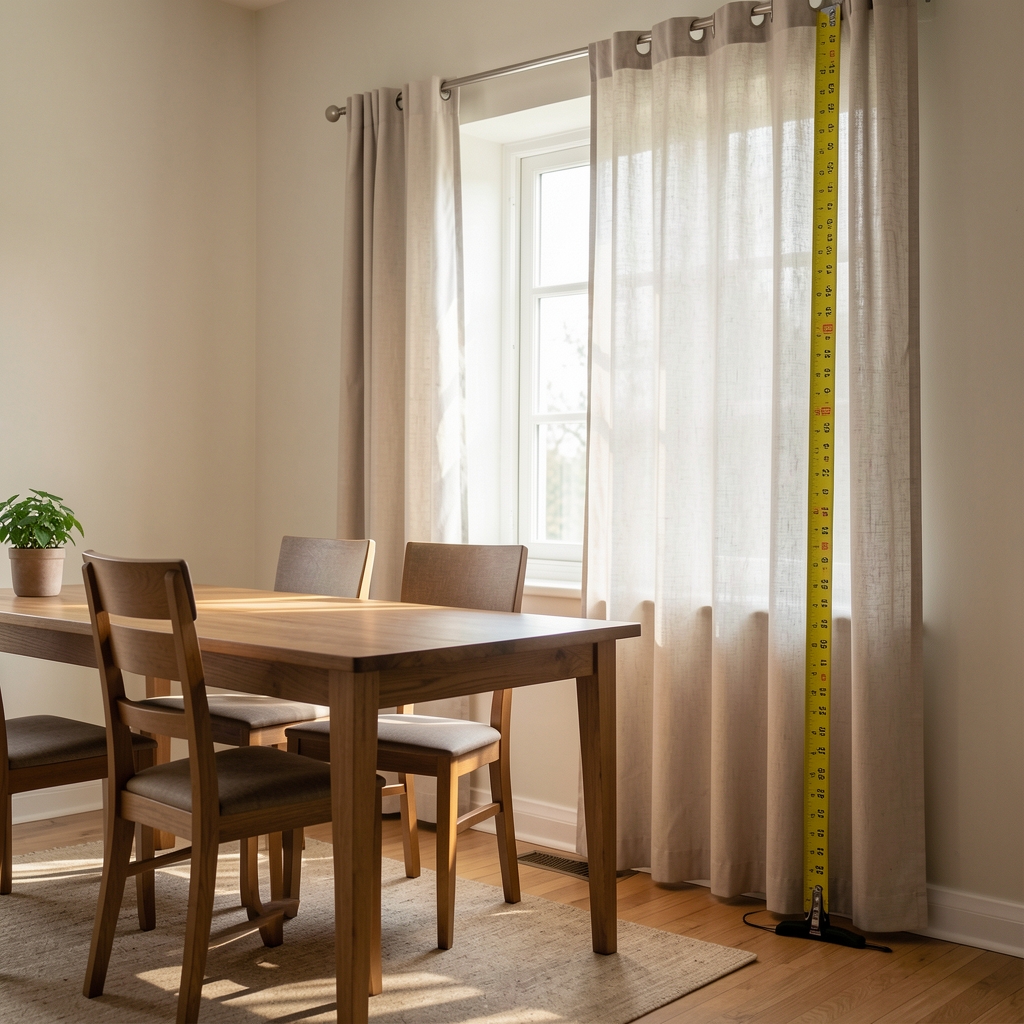 Cinta métrica extendida junto a barral de cortina en ventana de comedor sin personas