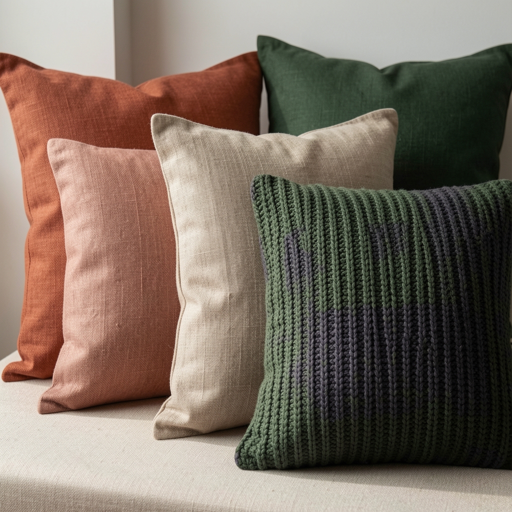 Composición de almohadones de pana, lino y tejido grueso en tonos terracota y verde salvia