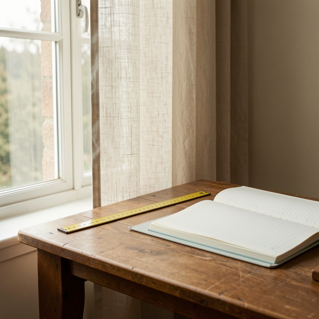 Cortina de lino junto a ventana con regla y cuaderno de medidas sobre mesa, sin personas