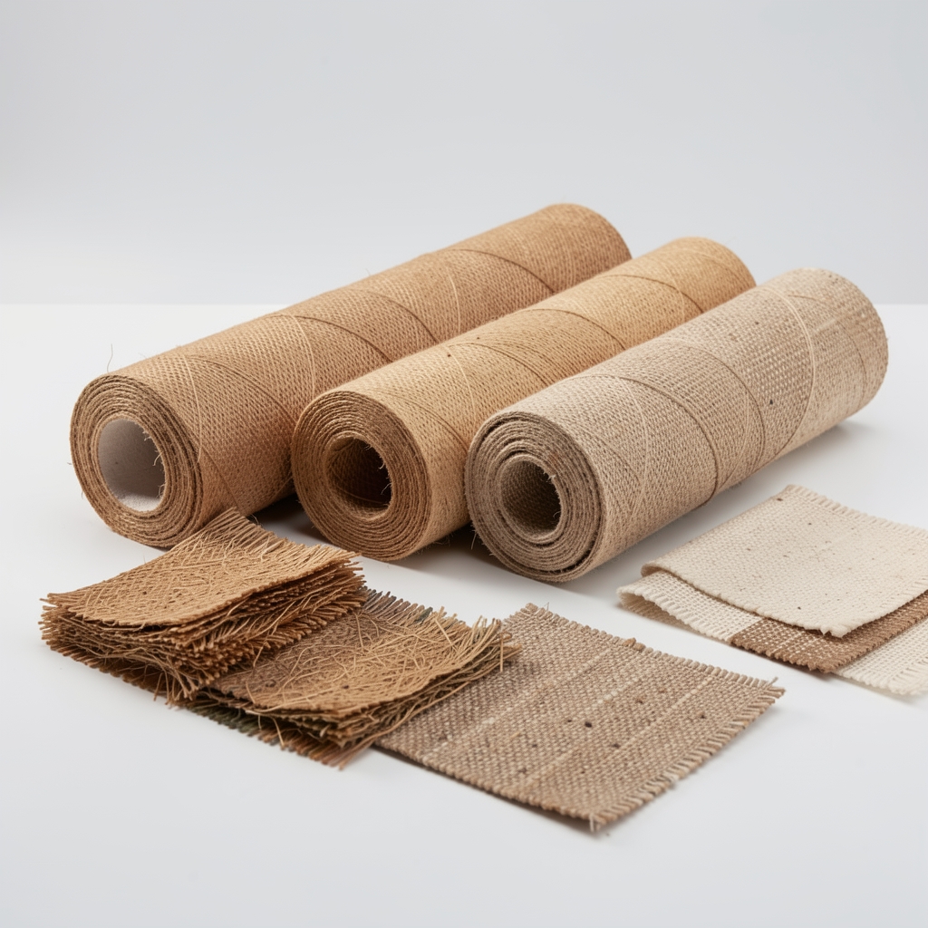 Rollos de fibras naturales y muestras de mezclas textiles sobre mesa de estudio clara