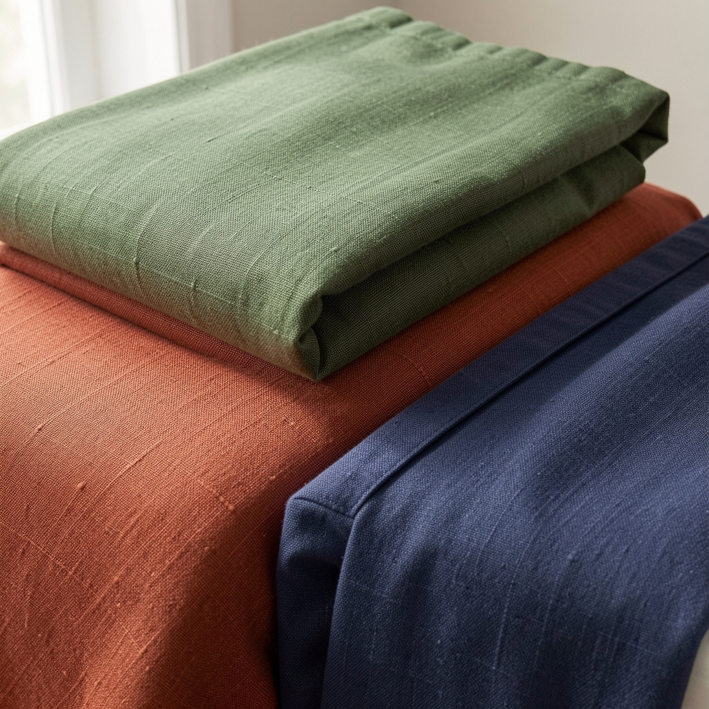 Almohadones de lino, pana y tejido acomodados en paleta terracota y verde salvia