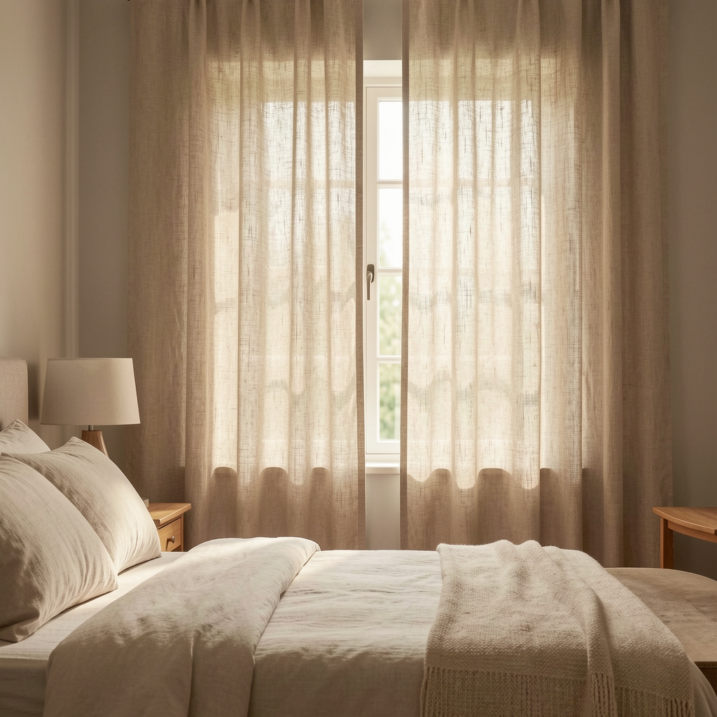 Cortina de lino natural con caída suave frente a ventana de dormitorio sin personas