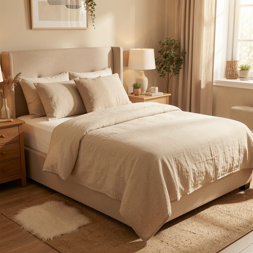 Cubrecama de algodón color lino extendido sobre cama ordenada en dormitorio cálido sin personas