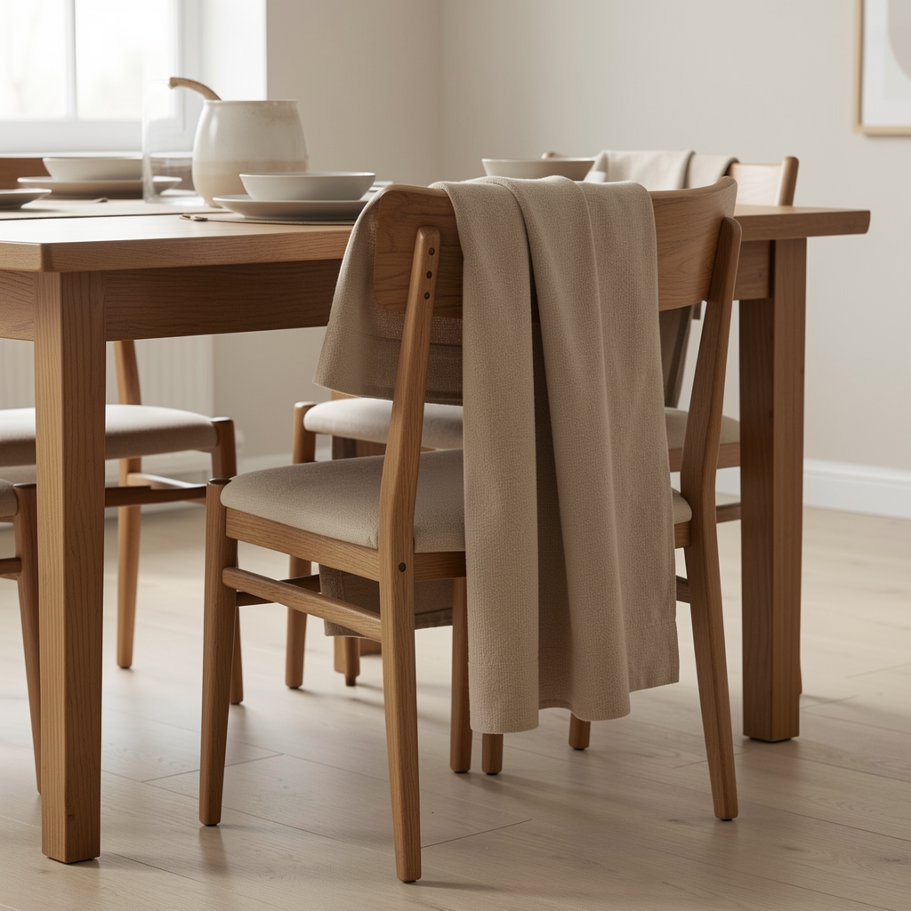 Funda textil color crudo colocada en silla de comedor de madera dentro de ambiente sin personas
