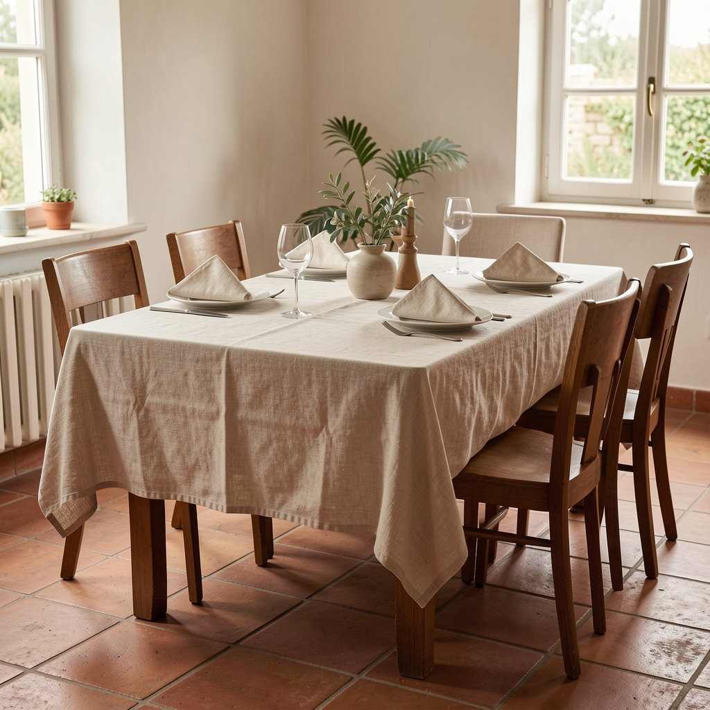 Mesa de comedor vestida con mantel de lino natural, camino terracota y servilletas de algodón dobladas