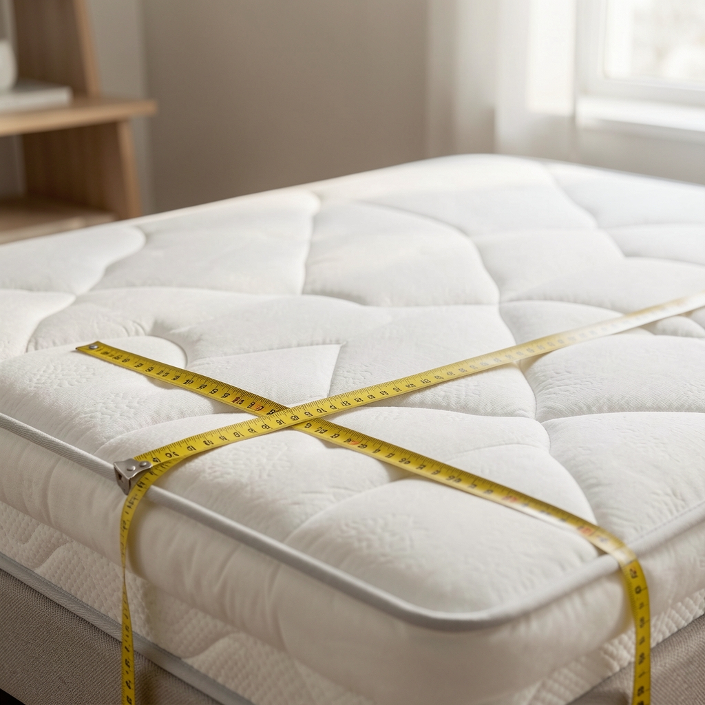 Cama ordenada con cinta métrica sobre el colchón antes de colocar cubrecama, sin personas