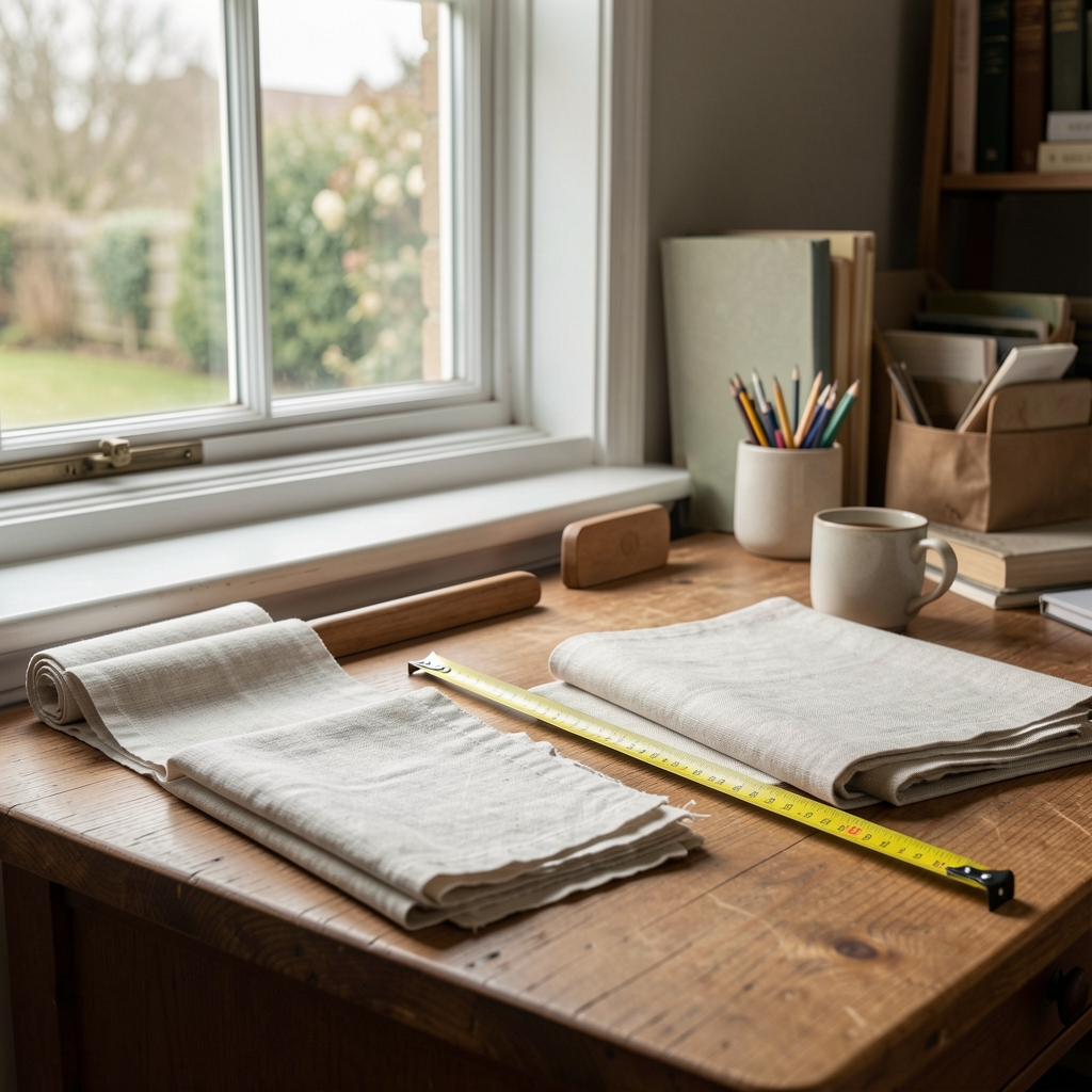 Plano de ventana con cinta métrica y muestras de tela de lino sobre escritorio ordenado