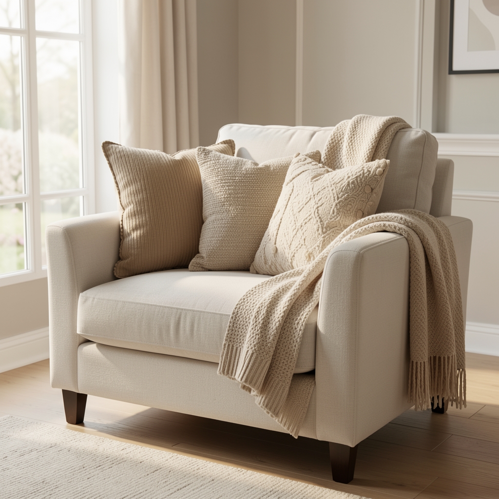 Sillón con almohadones de distintas texturas y manta doblada sobre el respaldo en living luminoso
