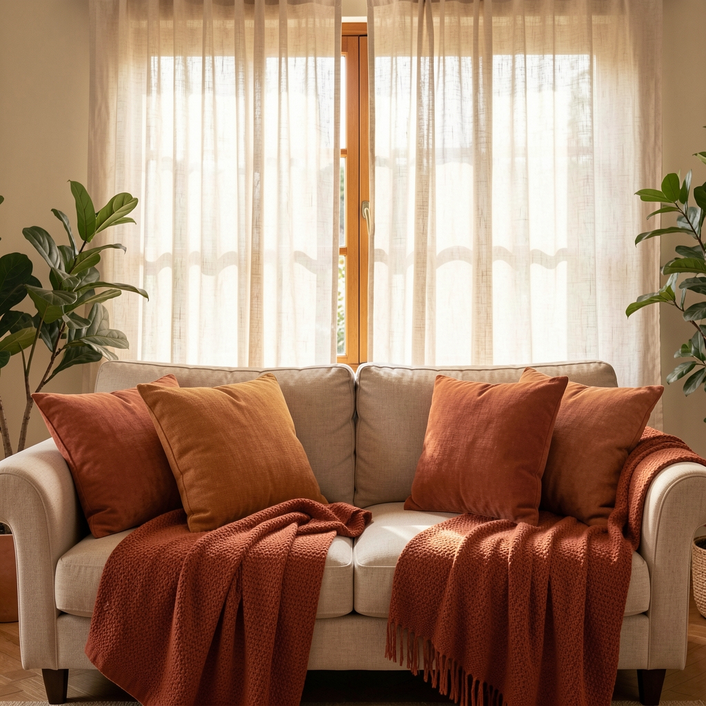 Living argentino luminoso con cortinas de lino, manta terracota y almohadones sobre un sofá, sin personas ni reflejos
