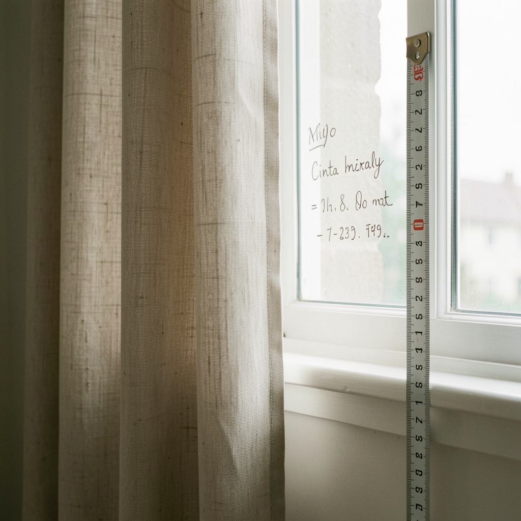 Cinta métrica y anotaciones junto a ventana con cortina de lino, sin manos ni personas