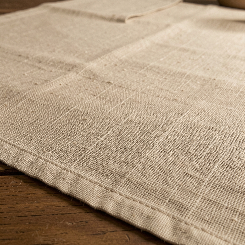 Detalle de trama de lino natural en mantel de mesa con costura de borde visible