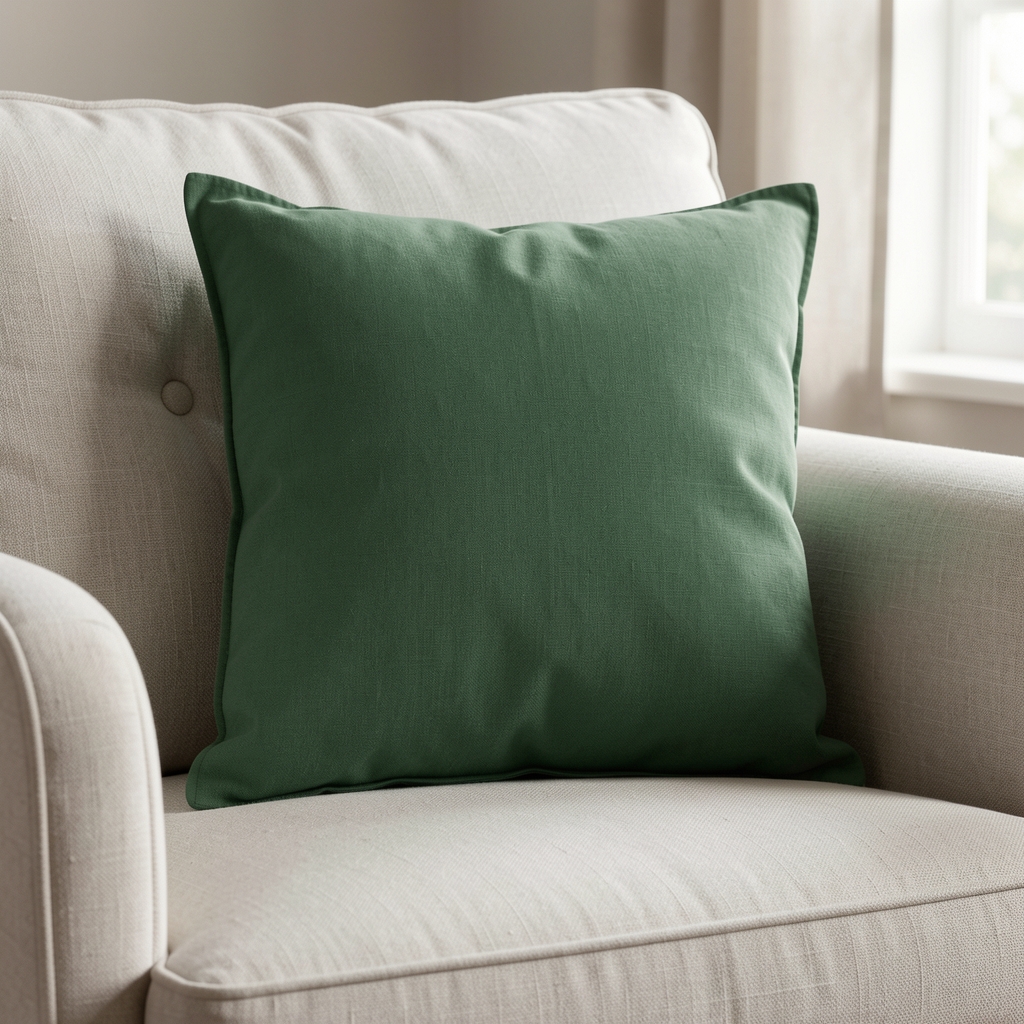Almohadón decorativo verde salvia de algodón apoyado sobre sillón de lino claro