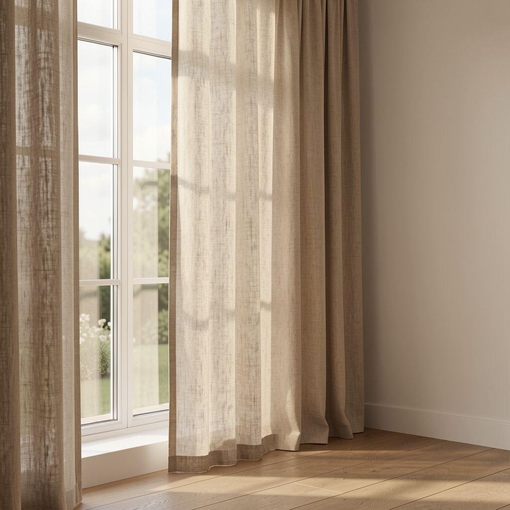 Cortina de lino natural de cuerpo entero junto a ventana amplia en interior sereno sin personas
