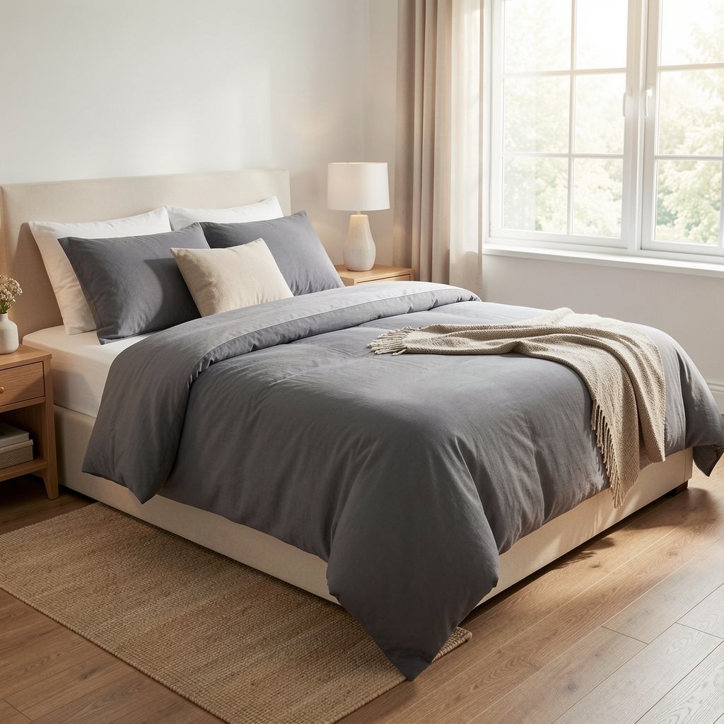Cubrecama de algodón color grafito extendido sobre cama ordenada en dormitorio luminoso sin personas