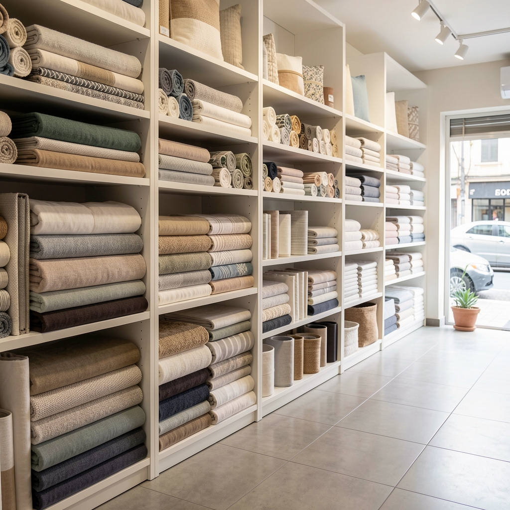 Muestrario de textiles para el hogar organizado en estantes claros de una tienda argentina sin personas